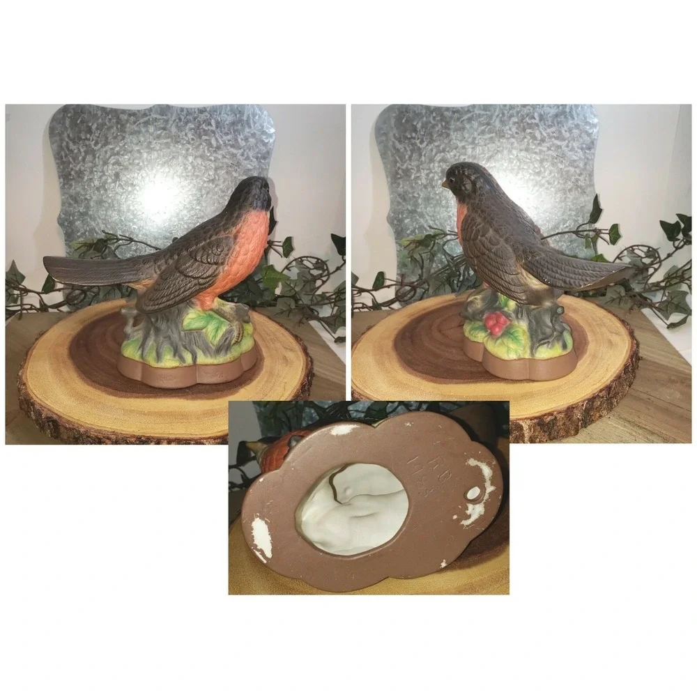 Three Bird Lover Ceramic Figurines - Two Robins (1 is music box) & One Cardinal